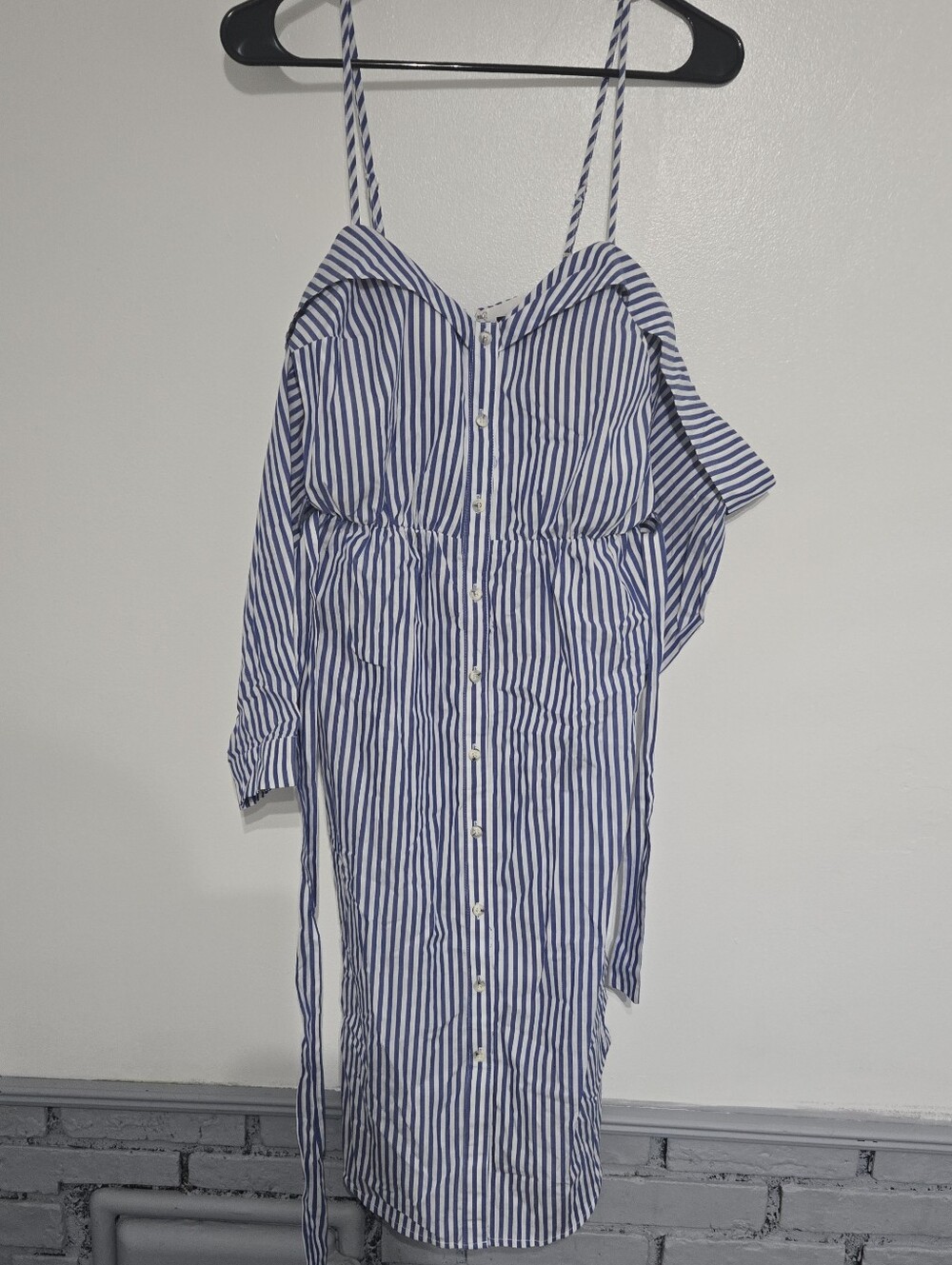 Blue and White Striped Cold-Shoulder Midi Dress